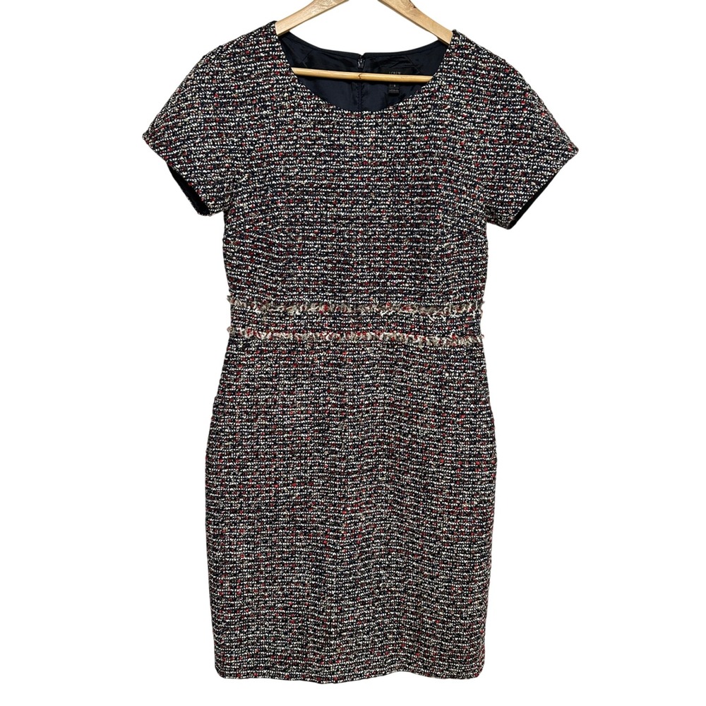 J. Crew Tweed Sheath Dress Womens 8 Fringe Cap Sleeve Workwear Preppy Classic